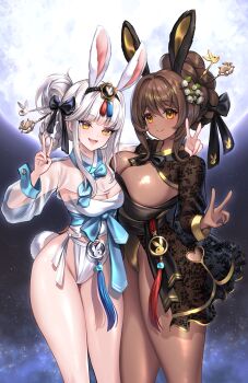 2girls animal_ears binyeo black_hanbok blanc_(nikke) breasts brown_hair cleavage commentary_request dark-skinned_female dark_skin fake_animal_ears goddess_of_victory:_nikke hair_ornament hair_ribbon hanbok highres kisaeng korean_clothes korean_commentary long_hair multiple_girls noir_(nikke) norigae playboy_bunny rabbit_ears revision ribbon see-through_clothes siblings sisters thighs trhisell v white_hair white_hanbok yellow_eyes