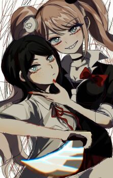 2girls bear_hair_ornament black_hair blonde_hair blue_eyes blush bow breasts cleavage closed_mouth danganronpa:_trigger_happy_havoc danganronpa_(series) enoshima_junko fingernails freckles grin hair_ornament hand_on_another&#039;s_chin highres holding holding_knife holding_weapon ikusaba_mukuro incest knife looking_at_viewer multiple_girls nail_polish neck_ribbon open_mouth red_bow red_nails red_ribbon ribbon siblings simple_background sisters smile teeth twincest twins twintails upper_body weapon white_background yuri