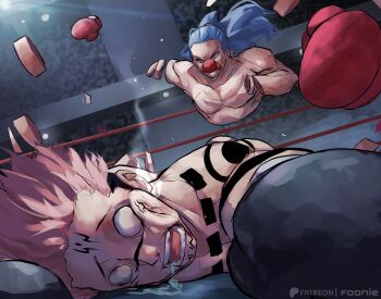 2boys arm_tattoo artist_name audience black_gloves blank_eyes blue_hair boxing boxing_gloves boxing_ring buggy_the_clown clown_nose defeat dent devil_fruit_power disembodied_hand disembodied_torso drooling facial_tattoo fighting funi_xd gloves highres itadori_yuuji jujutsu_kaisen light_particles long_hair lying multiple_boys no_tattoo on_floor on_stomach one_piece open_mouth patreon_username pectorals pink_hair ponytail possessed punched red_gloves red_lips red_nose ryoumen_sukuna_(jujutsu_kaisen) short_hair shoulder_tattoo tattoo teeth unconscious undercut
