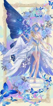 1girl absurdres adapted_costume armlet asymmetrical_legwear bare_legs bare_shoulders blue_butterfly blue_flower blue_hair blue_nails blue_rose body_markings border breasts bug butterfly butterfly_wings chinese_commentary cleavage clothes_lift collarbone colored_eyelashes commentary dandelion_seed dress dress_lift floating_stairs flower frilled_armlet full_body glass_footwear glass_shards glowing_butterfly gold_armlet highres insect insect_wings knees_together_feet_apart large_breasts layered_skirt leaf long_hair looking_at_viewer mismatched_legwear nail_polish neck_flower ornate_border outside_border parted_lips purple_eyes rose see-through_clothes see-through_skirt see-through_veil shorekeeper_(wuthering_waves) single_wing skirt smile solo stained_glass strapless strapless_dress tacet_mark_(wuthering_waves) taozaitao veil white_dress white_veil window wings wuthering_waves yellow_background yellow_flower