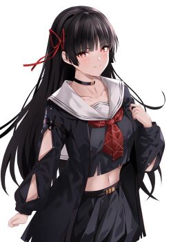 1girl arm_cutout black_choker black_hair black_jacket black_shirt black_skirt breasts chisa_(wuthering_waves) choker closed_mouth clothing_cutout collarbone commentary cowboy_shot hair_ribbon hand_up highres jacket long_hair long_sleeves looking_at_viewer medium_breasts midriff navel neckerchief quanshikm red_eyes red_neckerchief red_ribbon ribbon sailor_collar shirt simple_background skirt smile solo white_background white_sailor_collar wuthering_waves