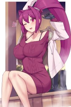 1girl absurdres arm_up bare_shoulders black_boots black_bra black_gloves blush boots bra breasts collarbone dress gloves high_ponytail highres jacket large_breasts long_hair off-shoulder_dress off-shoulder_sweater off_shoulder one_eye_closed ponytail purple_dress purple_eyes purple_hair purple_sweater sitting solo soukitsu sweater sweater_dress under_night_in-birth underwear unworn_boots white_jacket yuzuriha_(under_night_in-birth)
