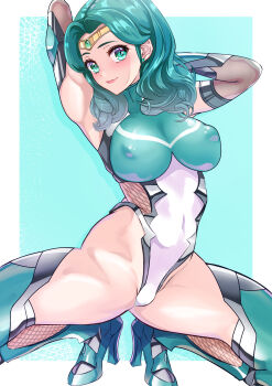 1girl absurdres aqua_eyes aqua_hair aqua_leotard aqua_thighhighs arion_canvas armpits arms_behind_head arms_up bishoujo_senshi_sailor_moon bow breasts circlet covered_erect_nipples earrings elbow_gloves gloves high_heels highleg highleg_leotard highres jewelry kaiou_michiru large_breasts leotard long_hair medium_breasts revision sailor_neptune short_hair solo split spread_legs stud_earrings taimanin_(series) taimanin_suit thighhighs