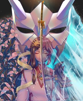 2girls brown_hair closed_eyes commentary english_commentary fan_la_norne highres ice issycake long_hair lora_(xenoblade) medium_hair multiple_girls red_hair sleeping sword weapon white_mask xenoblade_chronicles_(series) xenoblade_chronicles_2 xenoblade_chronicles_2:_torna_-_the_golden_country