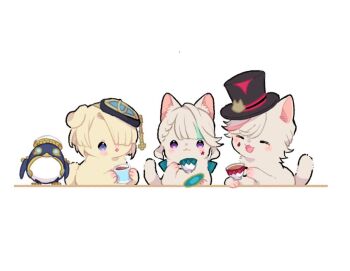 1girl 2boys animal_ears animification beret blue_eyes cat_boy cat_ears cat_girl closed_eyes closed_mouth coffee_mug cup dog_ears facial_mark freminet_(genshin_impact) genshin_impact hair_over_one_eye hat lynette_(genshin_impact) lyney_(genshin_impact) mug multiple_boys nasuka_gee open_mouth pers_(genshin_impact) purple_eyes simple_background star_(symbol) star_facial_mark tattoo teacup teardrop_facial_mark teardrop_tattoo top_hat white_background