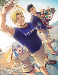 Rule 34 | 1girl, 3boys, abs, ao isami, arm up, beach, black hair, blonde hair, blue shirt, bravern, chibi, closed eyes, copyright name, dutch angle, facial hair, flip-flops, grin, hand to forehead, highres, hzi4h9, lewis smith, looking at viewer, lulu (bang bravern), mecha, medium bangs, medium hair, multiple boys, muscular, muscular male, open clothes, open mouth, open shirt, perspective, robot, sandals, shirt, shoes, short hair, short shorts, shorts, sideburns stubble, smile, sneakers, standing, stubble, twitter username, white hair, white shirt, yuuki bakuhatsu bang bravern