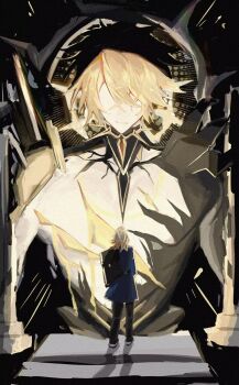 2boys black_pants black_shirt blonde_hair bloomers blue_coat chinese_commentary coat commentary_request cracked_skin halo halo_behind_head highres honkai:_star_rail honkai_(series) jiwai15724 male_focus material_growth medium_hair multiple_boys mydei_(honkai:_star_rail) no_eyes pants phainon_(honkai:_star_rail) phainon_(khaslana)_(honkai:_star_rail) shirt torn_clothes torn_shirt underwear yellow_bloomers