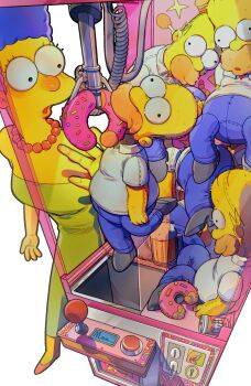 1boy 1girl alcohol arcade_cabinet balding banhaibao2 bead_necklace beads beer beer_mug blue_hair blue_pants can character_doll collared_shirt colored_skin commentary controller crane_game cup doll donut dress drink_can duff_beer english_commentary food food_in_mouth from_above full_body green_dress highres jewelry joystick lisa_simpson looking_at_another marge_simpson mug necklace pants parted_lips shirt short_sleeves smile strapless strapless_dress stuffed_toy the_simpsons white_background yellow_skin