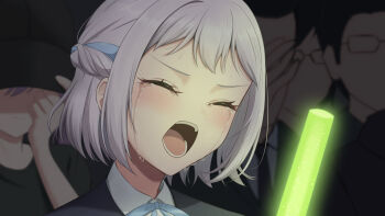 1girl 4boys black_jacket blue_ribbon braid closed_eyes collared_shirt commentary_request crown_braid crying faceless faceless_male gakuen_idolmaster glowstick highres idolmaster jacket katsuragi_lilja meme miyuki_kotori multiple_boys neck_ribbon oota_kuniyoshi_face_(meme) open_mouth penlight_(glowstick) portrait ribbon shirt short_hair solo_focus white_hair white_shirt