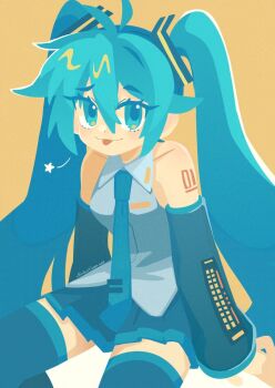 1girl bare_shoulders black_skirt black_sleeves black_thighhighs blue_eyes blue_hair blue_necktie blush closed_mouth collared_shirt commentary cowboy_shot detached_sleeves double-parted_bangs grey_shirt hair_between_eyes hatsune_miku long_hair long_sleeves looking_at_viewer miniskirt necktie no_lineart number_tattoo pleated_skirt projecttiger shirt shoulder_tattoo sitting skirt sleeveless sleeveless_shirt smile solo tattoo thighhighs tongue tongue_out twintails vocaloid yellow_background