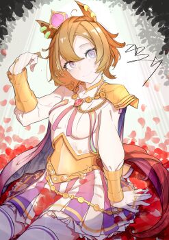 1girl animal_ears armor breasts cape closed_mouth commentary_request crown ear_ornament gloves gold_corset hair_between_eyes highres horse_ears horse_girl horse_tail jewelry long_sleeves looking_at_viewer mini_crown multiple_rings orange_hair orange_tail petals pink_cape pink_crown purple_eyes red_petals ring shikahisa_totani shirt short_hair shoulder_armor skirt smile solo t.m._opera_o_(o_sole_suo!)_(umamusume) t.m._opera_o_(umamusume) tail thighhighs two-tone_skirt umamusume white_shirt white_thighhighs