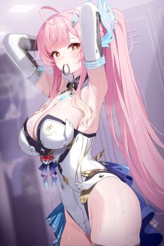 Rule 34 | 1girl, aemeath (wuthering waves), armpits, arms behind head, breasts, bright pupils, cleavage, commentary, cowboy shot, deyui, elbow gloves, english commentary, gloves, hair ornament, hair tie in mouth, high ponytail, highres, large breasts, leotard, long hair, looking at viewer, mouth hold, orange eyes, parted lips, pink hair, ponytail, smile, solo, star-shaped pupils, star (symbol), sweat, symbol-shaped pupils, tying hair, very long hair, white gloves, white leotard, white pupils, wuthering waves