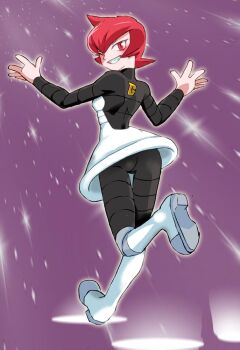 1girl ass black_dress black_pantyhose blush boots breasts dress fang from_behind grin knee_boots long_sleeves looking_at_viewer looking_back mars_(pokemon) medium_breasts nintendo one_eye_closed onnaski pantyhose pokemon pokemon_dppt purple_background red_eyes red_hair running short_hair smile space sparkle star_(sky) team_galactic team_galactic_uniform teeth white_boots wink