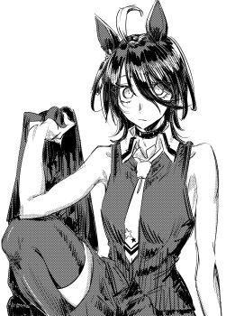 1girl :/ absurdres ahoge alternate_hair_length alternate_hairstyle animal_ears arm_up bare_shoulders cat choker closed_mouth collared_shirt ear_ornament ear_tag earrings highres holding holding_unworn_clothes horse_ears horse_girl jewelry knee_up looking_at_viewer manhattan_cafe_(creeping_black)_(umamusume) manhattan_cafe_(umamusume) medium_hair multicolored_hair murderdoll1641 necktie shirt simple_background single_earring sleeveless sleeveless_shirt solo thighhighs white_background wolf_cut zettai_ryouiki