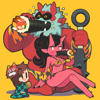 Rule 34 | 1girl, 2boys, black hair, black nails, blush, breasts, brown hair, checkered clothes, checkered jacket, club, club (weapon), colored skin, eating, fingernails, food, gashi-gashi, haori, holding, holding food, horns, jacket, japanese clothes, kanabou, kimetsu no yaiba, long hair, makizushi, mask, multiple boys, no nose, oni, oni mask, original, ponytail, red oni, red skin, setsubun, shadow, sharp fingernails, skin-covered horns, spiked club, sushi, weapon