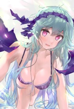 Rule 34 | 1girl, big breasts, blue hair, breasts, chaos aurora (grimms notes), grimms notes, large breasts, leaning forward, light blue hair, lingerie, long hair, neko nasu, on bed, open mouth, protected link, red eyes, smile, solo, thorns, underwear