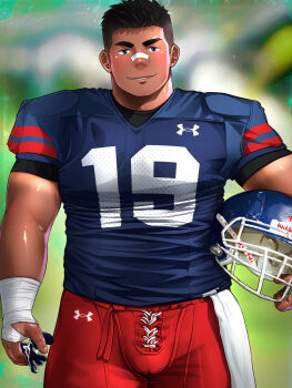 1boy american_football_helmet american_football_uniform artisticjinsky bad_id bad_twitter_id bara blue_helmet bulge cowboy_shot cross-laced_clothes cross-laced_legwear dark-skinned_male dark_skin helmet highres holding holding_unworn_helmet large_pectorals looking_at_viewer male_focus muscular muscular_male original pectorals short_hair solo sportswear standing strongman_waist tan thick_eyebrows unworn_helmet