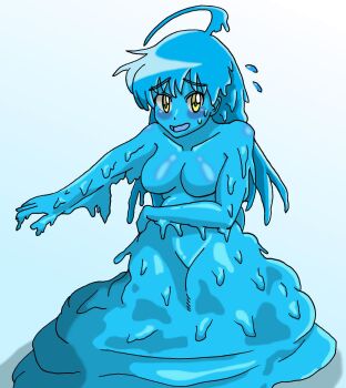 1girl blue_hair blue_skin blue_tongue blush breasts collarbone colored_skin colored_tongue completely_nude dripping eyebrows_hidden_by_hair gradient_background groin hand_on_own_hip liquid_hair medium_breasts melting monster_girl nervous nervous_smile nervous_sweating no-pubic_hair no_nipples nude open_mouth original puddle shadow shiny_skin slime_(substance) slime_girl smile sweat tongue yellow_eyes