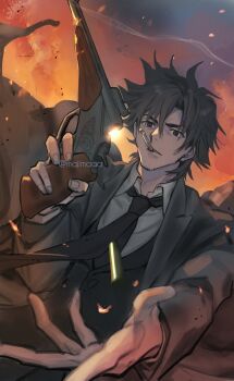 1boy black_coat black_eyes black_hair black_necktie black_vest cigarette coat commentary_request embers emiya_kiritsugu facial_hair fate/zero fate_(series) finger_on_trigger fire gun handgun highres holding holding_gun holding_weapon majimaaa male_focus necktie open_hand reaching reaching_towards_viewer smoke smoking solo stubble thompson/center_contender upper_body vest weapon
