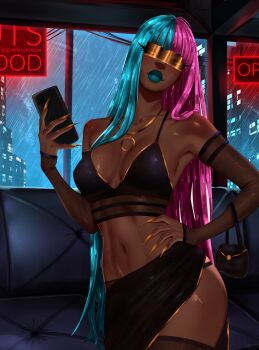 Rule 34 | 1girl, absurdres, aqua hair, aqua lips, black sleeves, breasts, cellphone, cleavage, commentary, crop top, dark-skinned female, dark skin, detached sleeves, dispatch, english commentary, fingernails, gold nails, highres, holding, holding phone, long hair, medium breasts, midriff, multicolored hair, navel, phone, pink hair, prism (dispatch), see-through clothes, see-through sleeves, sharp fingernails, smartphone, solo, split-color hair, two-tone hair, very dark skin, yessarts