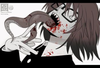 1boy absurdres black_eyes black_jacket blood blood_on_clothes blood_on_face brown_hair fingernails glasses gloves hand_up highres jacket letterboxed looking_at_viewer male_focus mouth_tentacles otori_0 randal&#039;s_friends randal_ivory sharp_fingernails short_hair simple_background tentacles upper_body white_background white_gloves