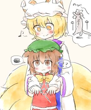 2girls ? animal_ears animal_hat blonde_hair blue_tabard blush bow bowtie brown_eyes brown_hair cat cat_ears chen closed_mouth commentary_request earrings fingernails fox_tail green_hat hat jewelry kitsune long_fingernails long_sleeves mob_cap multiple_girls multiple_tails musical_note pitti_(bunchou_no_negura) red_nails red_vest shirt single_earring smile spoken_question_mark spoken_squiggle squiggle tabard tail touhou translation_request vest white_shirt yakumo_ran yellow_bow yellow_bowtie yellow_eyes