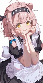 1girl animal_ears arknights braid cat_ears cat_girl commentary_request goldenglow_(arknights) highres lizisys looking_at_viewer maid open_mouth shy white_background