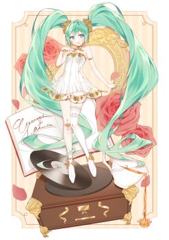 1girl absurdres armlet asymmetrical_legwear ballerina ballet_slippers bare_shoulders breasts character_name collarbone drawing_kanon dress flower gold_armlet gramophone_miku green_eyes green_hair hair_between_eyes hair_ornament hatsune_miku highres long_hair miku_symphony_(vocaloid) official_alternate_costume official_alternate_hairstyle open_mouth red_flower red_rose rose small_breasts smile solo strapless strapless_dress thighhighs tutu twintails very_long_hair vocaloid white_thighhighs