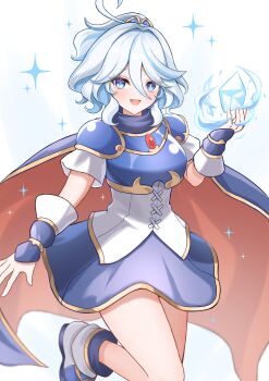 1girl :d absurdres ahoge arle_nadja arle_nadja_(adventuring_sorceress) arle_nadja_(cosplay) armor blue_dress blue_eyes blue_hair blue_pupils blush commentary_request commission cosplay dress drop-shaped_pupils furina_(genshin_impact) gem genshin_impact gold_trim hand_up heterochromia highres ice_crystal leg_up looking_at_viewer mako_(cvyt5325) medium_hair multicolored_hair open_mouth pixiv_commission puyopuyo puyopuyo_quest quest red_gem shoulder_armor smile solo star_(symbol) symbol-shaped_pupils white_background white_hair