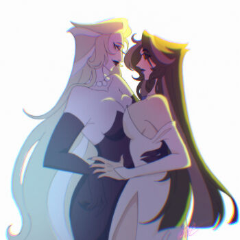 Rule 34 | 2girls, blonde hair, breast press, breasts, brown hair, cleavage, demon girl, dress, eve (hazbin hotel), face-to-face, hazbin hotel, hellaverse, highres, kazimir29, large breasts, lilith (hazbin hotel), long hair, multiple girls, purple dress, very long hair, white dress, yuri