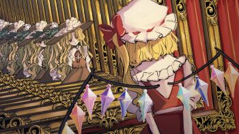 2girls arms_behind_back blonde_hair bow brown_hat brown_skirt brown_vest closed_mouth dolls_in_pseudo_paradise flandre_scarlet frilled_hat frilled_shirt_collar frills happy hat hat_feather head_tilt highres jacket_girl_(dipp) juliet_sleeves long_hair long_sleeves medium_hair mirror mob_cap multiple_girls neck_ribbon puffy_short_sleeves puffy_sleeves recursion red_bow red_eyes red_ribbon red_skirt red_vest reflection ribbon ribbon-trimmed_hat shirt short_sleeves side_ponytail skirt smile touhou uzumibi very_long_hair vest wavy_hair white_hat white_shirt