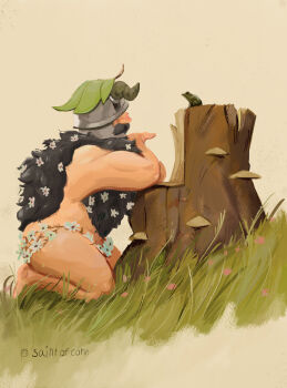 1boy ass bara beard beard_flower brown_hair covered_eyes dungeon_meshi dwarf facial_hair fake_horns fat fat_man frog from_side full_body helmet helmet_over_eyes highres hilda_(series) horned_helmet horns kneeling leaf leaf_on_head log long_beard male_focus mustache parody_request pose_imitation profile revealing_clothes saintofcorn senshi_(dungeon_meshi) solo thick_mustache very_long_beard