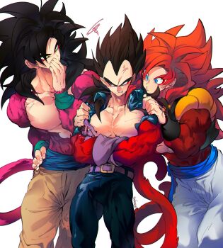 black_hair blue_eyes blue_sash blue_vest body_fur closed_mouth dougi dragon_ball dragon_ball_gt gloves gogeta highres long_hair male_focus metamoran_vest monkey_boy monkey_tail multiple_boys muscular muscular_male no_nipples ommmyoh open_clothes open_mouth open_vest pants pectorals red_fur red_hair saiyan sash son_goku spiked_hair super_saiyan super_saiyan_4 tail twitter_username vegeta vest yellow_pants