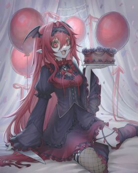 1girl absurdres balloon bat_wings black_dress black_straps bow bowtie cake cleavage_cutout clothing_cutout commentary dress english_commentary eyeshadow fang fishnet_thighhighs fishnets food frills gothic_lolita hair_intakes head_wings highres holding holding_knife juliet_sleeves knife leg_warmers lolita_fashion long_hair long_sleeves makeup mdm4 original pale_skin puffy_sleeves red_bow red_bowtie red_eyes red_ribbon ribbon ringed_eyes sitting thighhighs tray very_long_hair wide_sleeves wings yokozuwari