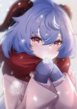 1girl absurdres ahoge blue_hair blue_mittens breath brown_coat coat commentary_request ganyu_(genshin_impact) genshin_impact goat_horns gradient_eyes hair_between_eyes highres horns long_hair looking_at_viewer mako_(cvyt5325) mittens multicolored_eyes own_hands_together portrait red_scarf scarf smile snowing solo