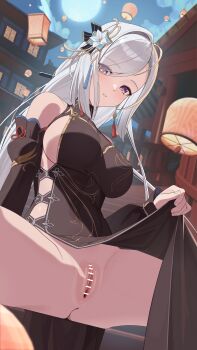 1girl absurdres architecture bar_censor black_dress blue_eyes blush breasts censored china_dress chinese_clothes clothes_lift cloud cloudy_sky commentary detached_sleeves dress dress_lift east_asian_architecture eyes_visible_through_hair feet_out_of_frame flashing flower full_moon genshin_impact gold_trim hair_flower hair_ornament hair_over_one_eye highres jumonji lantern lantern_festival large_breasts lifting_own_clothes light_smile long_hair looking_at_viewer moon night no_panties official_alternate_costume outdoors paid_reward_available paper_lantern parted_lips pussy shenhe_(frostflower_dew)_(genshin_impact) shenhe_(genshin_impact) sideboob sideless_dress single_hair_intake sitting sky sky_lantern smile solo spread_legs thighs white_hair wide_spread_legs