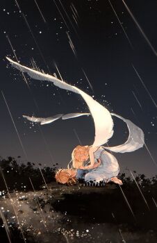 1boy 1girl artist_name bare_shoulders barefoot blonde_hair blue_tunic breasts closed_eyes crying dress earrings full_body hands_on_another's_chest hazeleafyy jewelry kneeling link long_dress long_hair medium_breasts medium_hair nintendo outdoors parted_bangs pointy_ears princess_zelda rain sidelocks strapless strapless_dress the_legend_of_zelda the_legend_of_zelda:_breath_of_the_wild tunic white_dress white_wings wings