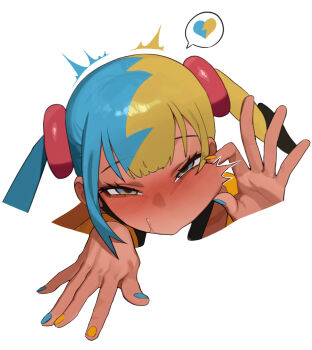 Rule 34 | 1boy, 1girl, aqua hair, blonde hair, blue eyes, blue nails, blush, canari (pokemon), cheek bulge, commentary, dark-skinned female, dark skin, drooling, fellatio, fingernails, fingers to cheek, hair ornament, heart, hetero, highres, implied fellatio, jacket, looking at viewer, mask, mask pull, meme, mouth mask, multicolored eyes, multicolored hair, nail polish, negative space, negative space cunnilingus (meme), nintendo, oral, pokemon, pokemon legends: z-a, pov, radon86 nya, saliva, sidelocks, simple background, solo focus, split-color hair, twintails, two-tone hair, yellow eyes, yellow jacket, yellow nails