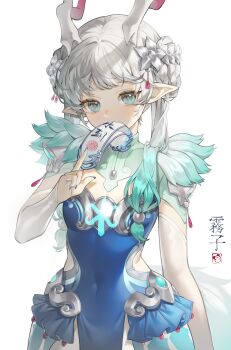 Rule 34 | 1girl, absurdres, aqua hair, bizette, blue dress, blue eyes, blue nails, braid, braided bun, breasts, cleavage cutout, clothing cutout, commentary, covered mouth, cowboy shot, detached sleeves, dress, flower hairpin, gradient hair, grey hair, hair bun, highres, horns, kiriko (overwatch), looking at viewer, multicolored hair, overwatch, pointy ears, small breasts, solo, striped nails, twintails, white background, white sleeves