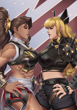 2girls abs absurdres armor asymmetrical_bangs big_hair black_nails black_shorts blonde_hair breast_press breasts brown_hair cropped_legs earrings elbow_spikes hands_on_own_hips highres jewelry large_breasts long_hair looking_at_another magik_(x-men) marvel marvel_rivals multiple_girls muscular muscular_female overwatch pauldrons red_eyes red_lips shorts shoulder_armor shoulder_spikes smile spiked_hair_tubes spiked_pauldrons spikes standing symmetrical_docking tre_artz vendetta_(overwatch)
