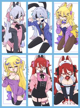 3boys :o animal_ear_fluff animal_ear_hairband animal_ears apron arched_back arm_between_legs armpit_crease arms_between_legs atopi_(op_na_yarou) bandaid bandaids_on_nipples bare_shoulders beads bell black_bow black_bowtie black_bra black_cardigan black_choker black_collar black_corset black_dress black_eyes black_hair black_hairband black_leotard black_panties black_pantyhose black_skirt black_sleeves black_thighhighs blonde_hair blue_border blue_bow blue_cardigan blue_eyes blue_hair blue_necktie blush border bow bowtie bra bulge cardigan cat_boy cat_ears cat_tail choker cleavage_cutout closed_mouth clothes_grab clothes_pull clothing_cutout collar collarbone collared_shirt colored_tips commentary_request corset covered_navel cowboy_shot crossdressing crossdressing_(mtf) detached_collar detached_sleeves dog_boy dog_ears dog_tail double-parted_bangs dress earclip eyepatch fake_animal_ears fang flipped_hair fox_boy fox_ears fox_tail frilled_apron frilled_shirt_collar frills frown full_body garter_straps grey_tail hair_beads hair_between_eyes hair_bow hair_intakes hair_ornament hairband hand_up hands_on_own_hips heart highleg highleg_leotard highres jingle_bell kapela_(op_na_yarou) kneeling leaning_forward leotard light_blush long_hair long_sleeves looking_at_viewer maid maid_apron maid_headdress male_focus male_maid male_playboy_bunny miniskirt mismatched_pupils multicolored_hair multiple_boys multiple_hair_bows multiple_views narrowed_eyes neck_bell necktie no_nose no_pants no_shoes off_shoulder one_eye_covered op_na_yarou open_cardigan open_clothes open_mouth original panties pantyhose pasties pectoral_cleavage pectorals pink_bow pink_cardigan pink_ribbon pink_shirt playboy_bunny purple_bow purple_bowtie purple_cardigan purple_hair purple_leotard quad_tails rabbit_ear_hairband rabbit_ears rabbit_tail raised_eyebrows raised_inner_eyebrows red_collar red_eyes red_hair red_shoes ribbon rigel_(op_na_yarou) see-through_clothes see-through_leotard shirt shoes side-tie_panties sidelocks simple_background skin_fang skirt sleeveless sleeveless_shirt sleeves_past_fingers sleeves_past_wrists standing straight_hair strapless strapless_leotard sweat tail tail_bow tail_ornament tail_ribbon teeth thigh_strap thighhighs thighs tongue tongue_out trap two-tone_hair two_side_up underwear v v-shaped_eyebrows very_long_hair waist_apron watermark white_apron white_background white_hair yellow_bow yellow_bra yellow_eyes yellow_panties