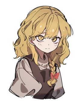 1girl black_vest blonde_hair bow braid closed_mouth hair_bow highres kirisame_marisa long_hair looking_at_viewer niru_(ka_k_0517) no_headwear red_bow side_braid simple_background single_braid solo touhou upper_body vest white_background yellow_eyes