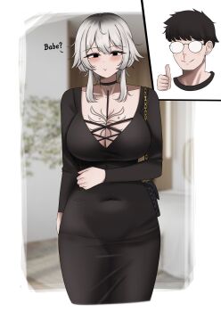 1boy 1girl absurdres bag black_bag black_choker black_dress black_eyes black_hair blush border borrowed_character breast_tattoo breasts choker closed_mouth collarbone commentary covered_navel cropped_legs double-parted_bangs dress english_commentary face_piercing glasses grey_hair highres jyuri_(shouz) labret_piercing large_breasts long_sleeves looking_at_viewer medium_hair no_pupils original outside_border pencil_dress piercing short_hair shoulder_bag sidelocks smile tattoo taut_clothes taut_dress thumbs_up white_border yukaraishin