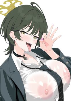 1girl absurdres ahoge alternate_breast_size_(larger) arm_at_side black_choker black_jacket black_necktie blue_archive blush breasts choker collared_shirt commentary_request covered_erect_nipples diagonal-striped_clothes diagonal-striped_necktie ear_piercing earrings fellatio_gesture fingernails fuyu_(blue_archive) green_eyes green_hair half-closed_eyes halo hand_up head_tilt highres huge_breasts jacket jewelry long_sleeves looking_at_viewer loose_necktie myapanpan nail_polish necktie nipples no_bra open_clothes open_jacket open_mouth paid_reward_available pendant_choker piercing pink_nails saliva saliva_trail school_uniform see-through_clothes see-through_shirt shirt short_hair simple_background smile solo striped_clothes teeth tongue tongue_out upper_body upper_teeth_only white_background yellow_halo