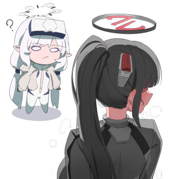 Rule 34 | 2girls, ?, black bodysuit, black hair, blue archive, blush, bodysuit, commentary request, csham, gloves, halo, highres, himari (blue archive), himari (bodysuit) (blue archive), long hair, multicolored halo, multiple girls, official alternate costume, official alternate hairstyle, pointy ears, ponytail, rio (blue archive), rio (bodysuit) (blue archive), simple background, standing, white background, white bodysuit, white hair, white halo