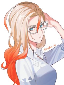 1girl blonde_hair blue_eyes breasts closed_mouth collared_shirt glasses griselle_(pokemon) highres looking_at_viewer multicolored_hair nintendo orange_hair pokemon pokemon_legends:_z-a red_hair shirt simple_background solo tsukikusa_ao two-tone_hair upper_body white-framed_eyewear white_background white_shirt