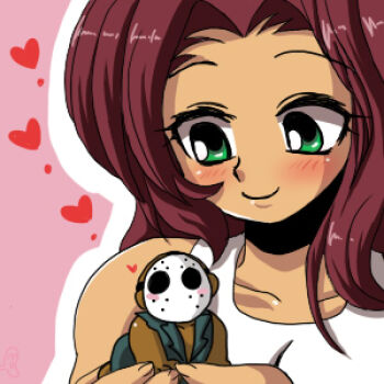 Rule 34 | 1boy, 1girl, bad id, bad pixiv id, bald, blush, couple, dark skin, green eyes, heart, jennifer, jennifer willis, looking at another, lowres, mini person, miniboy, namco, outline, pink background, purple hair, rick (splatterhouse), rick taylor, simple background, splatterhouse