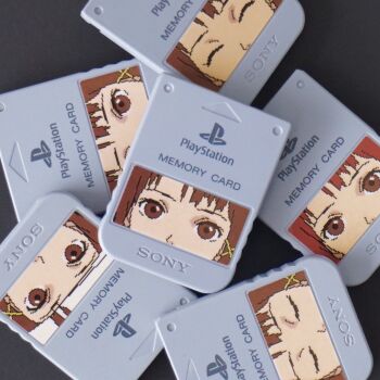 1girl ^_^ brown_eyes brown_hair close-up closed_eyes game_console hair_ornament highres iwakura_lain looking_at_viewer memory_card multiple_views panasonynet photo_(medium) playstation_1 serial_experiments_lain sony x_hair_ornament