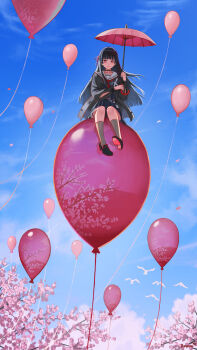 1girl absurdres afureru_colors balloon black_choker black_hair black_jacket black_serafuku black_shirt black_shoes black_skirt blue_sky chisa_(wuthering_waves) choker closed_mouth collarbone commentary day hair_ribbon highres holding holding_umbrella jacket long_hair looking_at_viewer neckerchief outdoors red_eyes red_neckerchief red_ribbon red_umbrella ribbon sailor_collar school_uniform serafuku shirt shoes sitting skirt sky smile solo umbrella white_sailor_collar wuthering_waves