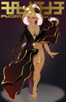 1boy absurdres asymmetrical_dress black_dress blonde_hair chest_tattoo clothing_cutout combos_&amp;_doodles cover dark-skinned_male dark_skin dress fake_magazine_cover fingernails full_body glint gold_lips gold_nails gold_ring gold_trim hair_ornament highres light_smile lipstick long_hair magazine_cover makeup male_focus mole mole_on_stomach mole_under_mouth nail_polish navel navel_piercing nervous octoling original piercing platform_shoes pointy_ears side_slit single_bare_leg solo standing sweatdrop takoko_yakisoba_(combos_&amp;_doodles) tattoo tentacle_hair toenail_polish toenails trap